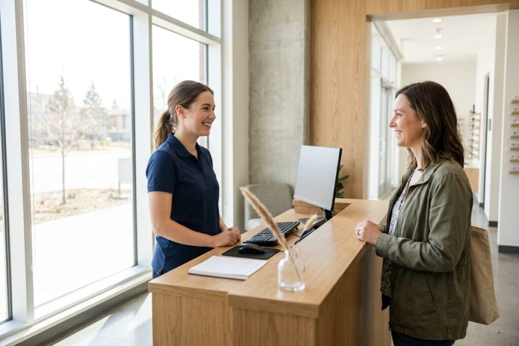 Receptionist smiling at a person at a wooden front desk with a computer in a bright optical clinic.
