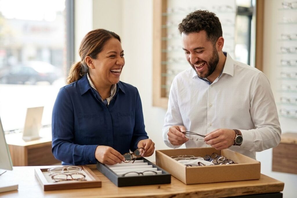 Two adults laughing while holding eyeglasses at a counter with display trays of frames in an optical store.