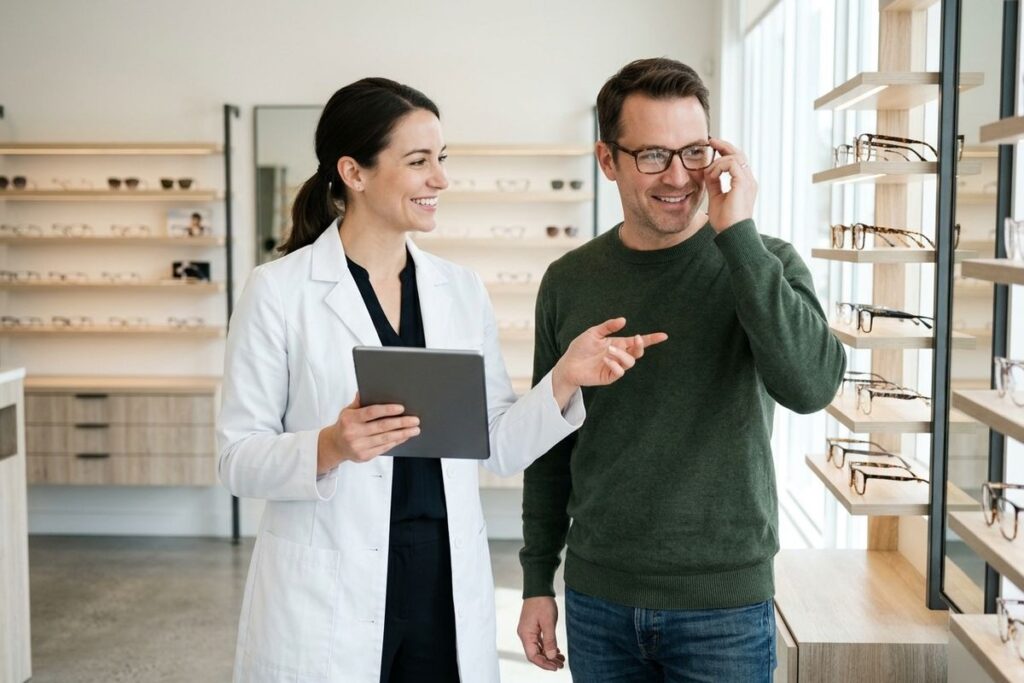 A smiling optometrist holding a tablet assists an adult trying on eyeglasses in an optical shop with display shelves.