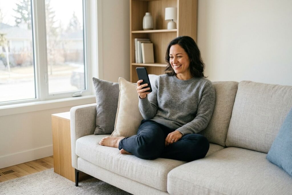 A smiling adult sits barefoot on a light couch in a living room, looking at a smartphone.